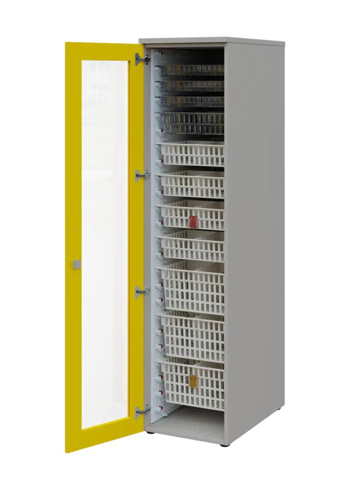 EUROMEDICA S - 46 skříň léková boxová, 1-dveřová/prosklená, levá, 1950x460x735, korpus šedý, dvířka žlutá odio